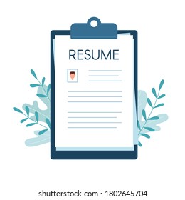 Resume for job interviews. Vector illustration in flat style, isolated. Leaves in the background