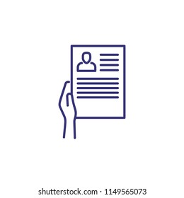 Resume line icon. Human hand holding paper CV. Work search concept. Can be used for topics like career, job hunting, experience, reference, unemployment