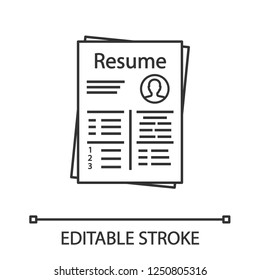 Resume linear icon. Thin line illustration. CV. Curriculum vitae. Personal information. Contour symbol. Vector isolated outline drawing. Editable stroke