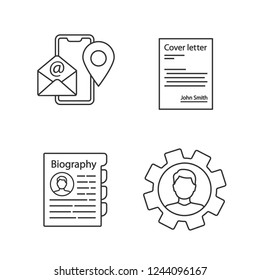 Resume linear icons set. Contact information, cover letter, personnel file, professional skills. Thin line contour symbols. Isolated vector outline illustrations. Editable stroke