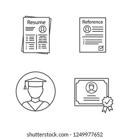 Resume linear icons set. CV, reference letter, education, certificate. Thin line contour symbols. Isolated vector outline illustrations. Editable stroke