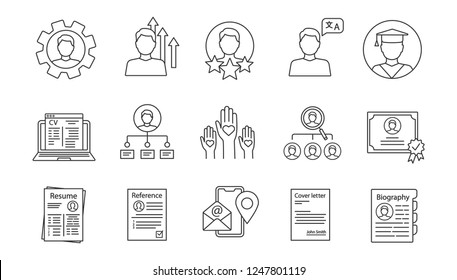 Resume linear icons set. Professional skills, education, experience, abilities. Employment. Headhunting, recruitment. CV, cover, reference letters. Isolated vector illustrations. Editable stroke