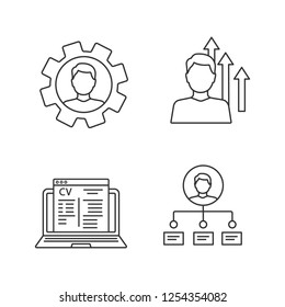 Resume linear icons set. Professionals skills, personal growth, online job application, abilities. Thin line contour symbols. Isolated vector outline illustrations. Editable stroke