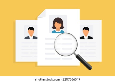 Resume with magnifying glass. The concept of finding the best candidate for a job. Selecting staff. Vector of resumes multiple people applying for work. Human resource management and hiring concept