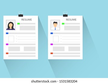 Resume, male and female resumes. Search for a suitable job candidate. Resume icon. We need you. Vector, cartoon illustration.