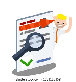 Resume men. Paper document with information and magnifying glass. Search for an employee for the office. Successful applicant.
