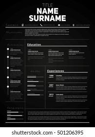 Resume Minimalist CV, Template with simple design, company application CV, Curriculum vitae, resume business sheet, clean employer vector paper in dark version