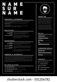 Resume Minimalist CV, Template with simple design, company application CV, Curriculum vitae, resume business sheet, clean employer vector paper in dark version