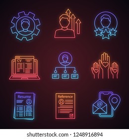Resume neon light icons set. Skills, achievements, experience, online cv, ability, volunteering, reference, contact. Glowing signs. Vector isolated illustrations