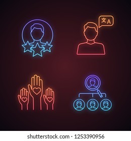Resume neon light icons set. Professional experience, language skill, volunteering, headhunting. Glowing signs. Vector isolated illustrations