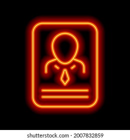 Resume on paper, simple business icon. Orange neon style on black background. Light linear icon with editable stroke