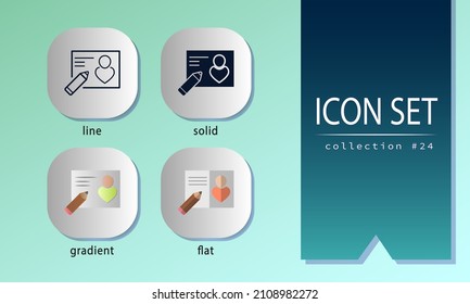 Resume with pencil. Symbols of employee list, user profile, portfolio, recruitment. Flat, solid, gradient, line signs for business, commerce, teamwork.