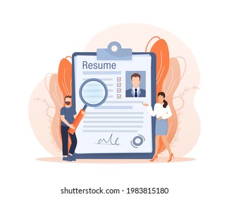 Resume people in flat style. People are lokking for new hires. Laptop screen. Vector illustration.