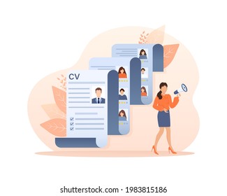 Resume people in flat style. People are lokking for new hires. Laptop screen. Vector illustration.