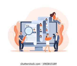Resume people in flat style. People are lokking for new hires. Laptop screen. Vector illustration.