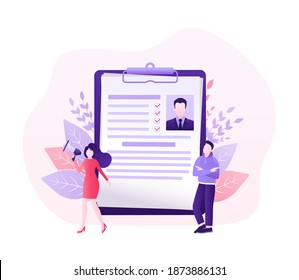 Resume people in flat style. Mobile app application. Flat isometric vector illustration. Laptop screen. Vector data.
