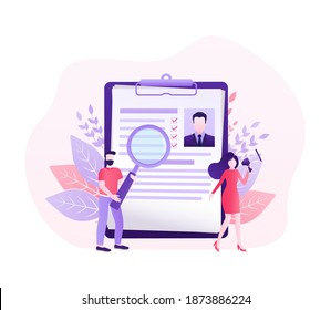 Resume people in flat style. Mobile app application. Flat isometric vector illustration. Laptop screen. Vector data.