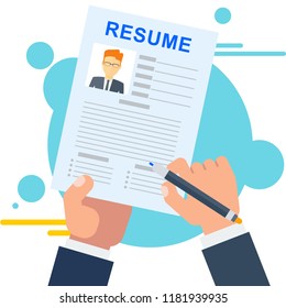 Resume Of Potential Employee. Job Seekers And Vacancies, Hiring And Recruiting, Job Search In Company. SV, Description Of Work Skills And Competences. Flat Vector Cartoon Illustration.