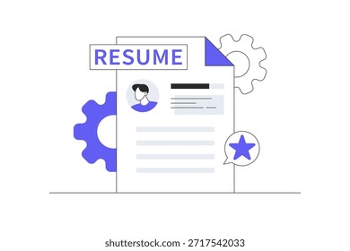 Reanudar perfil. Gestión de recursos humanos y concepto de contratación. Entrevista de trabajo, agencia de contratación de recursos humanos. Ilustración vectorial plana de la historieta, icono Web elegante de la página de aterrizaje del diseño abstracto