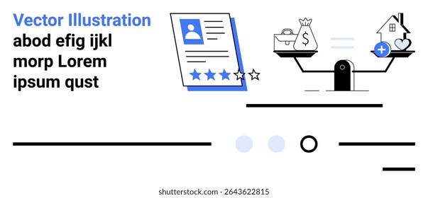 Resume with profile picture and star rating. Balance scale with money bag and house with heart symbol. Ideal for job seekers, career services, recruiting, financial planning, real estate, web design
