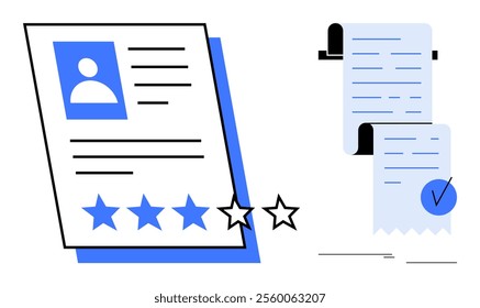 A resume with a profile picture and three stars, next to two documents with one checkmark on the bottom. Ideal for job applications resume building document verification rating system HR processes