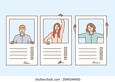 Resume, questionnaire and fulfilling forms concept. Profiles of young people candidates with signs and personal information fulfilled in forms vector illustration 