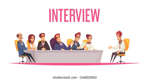 Resume recruiting background composition with text and cartoon human characters of job applicant and committee members vector illustration