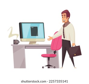 Reanudar la composición de reclutamiento con personajes humanos de estilo caricatura en trajes corporativos con ilustración vectorial en el lugar de trabajo