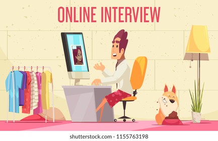 Resume recruiting horizontal background composition with text and home interior with desktop computer and human characters vector illustration