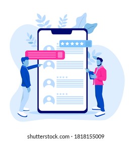 Resume recruitment vector illustration. Human resources, job interview, hiring, employment concepts. Flat design. Computer with resume, cv on screen, clipboard with candidates list.