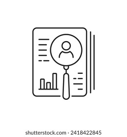 resume review by the HR department. CV, Business, human resource icon. looking for talent. search man vector. thin line employee review sign. simple job search pictogram. color stroke lineart element