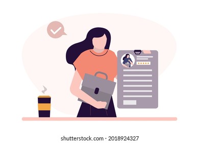 Employeе with resume searching for job. Search work. Female worker holding and posting summary with rating. Recruitment staff and cv resume concept. Business people search worker. Vector illustration