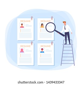 Resume searching new job employment concept. Vector flat cartoon design graphic illustration