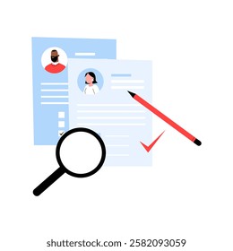 Resume Selection Process With Magnifying Glass in Flat Vector Illustration Symbolizing Job Recruitment, Hiring Process, and Career Opportunities, Isolated on White Background.