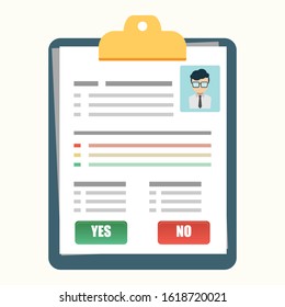 resume sheets with a “Approved & Rejected” stamp. Employment, hiring concepts. Vector illustration in flat design, CV, resume template