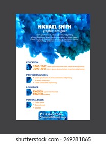 Resume template with blue watercolor swirling ink in water