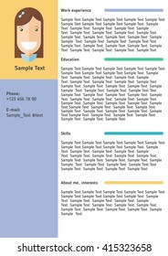 Resume template. Flat design, bright colors. Vector stock illustration with sample text and girl face icon