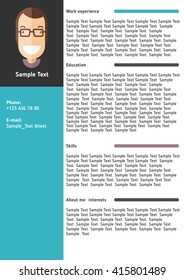 Resume template. Flat design, bright colors. Vector stock illustration with sample text and boy face icon