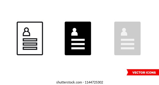 Resume template icon of 3 types: color, black and white, outline. Isolated vector sign symbol.