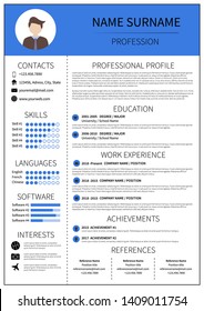 Resume template for man. Modern CV layout with infographic. Minimalist  curriculum vitae design. Employment vector illustration.