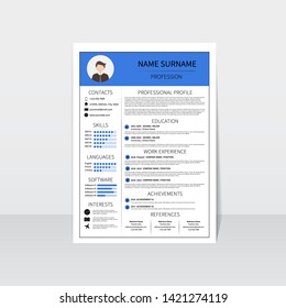 Resume template for man. Modern CV layout with infographic. Minimalistic  curriculum vitae design. Employment vector illustration.