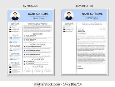 Resume template for men. Modern CV and cover letter layout with infographic. Minimalistic  curriculum vitae design. Employment vector illustration.