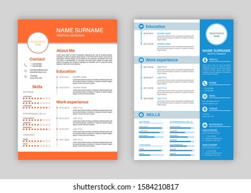 Resume template. Professional personal description profile, curriculum letterhead cover, business layout job application creative vector header cv page set