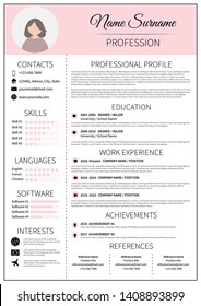 Resume template for women. Modern CV layout with infographic. Minimalist  curriculum vitae design. Employment vector illustration.