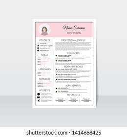 Resume template for women. Modern CV layout with infographic. Minimalistic  professional curriculum vitae design. Employment vector illustration.