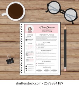 Resume template for women. Modern CV layout with infographic. Flatlay with wooden texture background, glasses, cup of coffee and stationery. Employment vector illustration