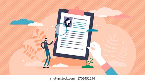 Resume vector illustration. CV work application flat tiny person concept. Labor quality report and survey presentation for human resources. Work and career document as business communication text.