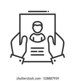 Resume - vector line design single isolated icon. Hands holding page with resume