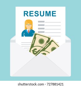 Resume vector. Recruitment concept. Bribe for employment. Flat vector cartoon illustration. Objects isolated on a white background.
