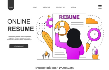 Resume For Work. Online Recruitment Vector Illustration Concept, Businessman Analyzing Resume. Resume Online Creating. Woman Creates Cv For Find Job.